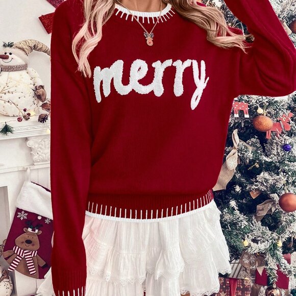 Burgundy Casual Women's Christmas Graphic Knit Sweater Knit Pullover Sweater - Picture 4 of 7